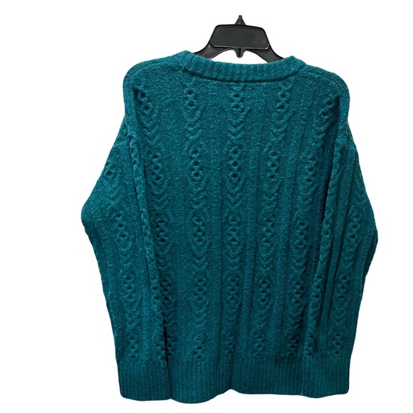 Emerald green cable knit cardigan with jeweled buttons. - Picture 2 of 7